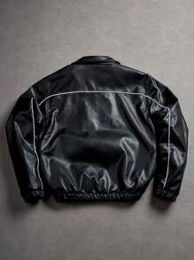 PAVTROS Men's Letter Graphic Street Casual PU Leather Jacket, Y2k, Letter Man Jacket, Personalize Ball Jacket , Fall Winter, Grunge - Black - View 2