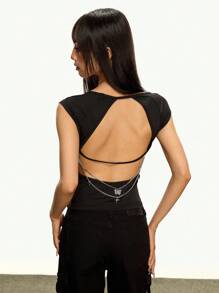Rina Fox Motorcycle Chic Chain Backless Women Top - Black - View 3