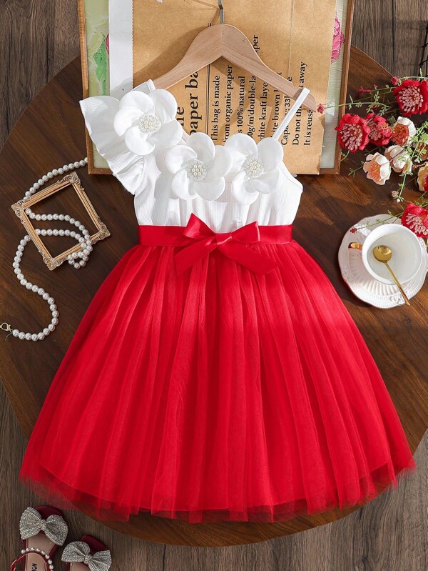 Young Girls Red & White Contrast Color Spaghetti Strap One Shoulder 3D Pearl Flower Red Ribbon Bow Mesh Dress, Sweet Princess Style, Party & Gathering Dress, Spring/Summer