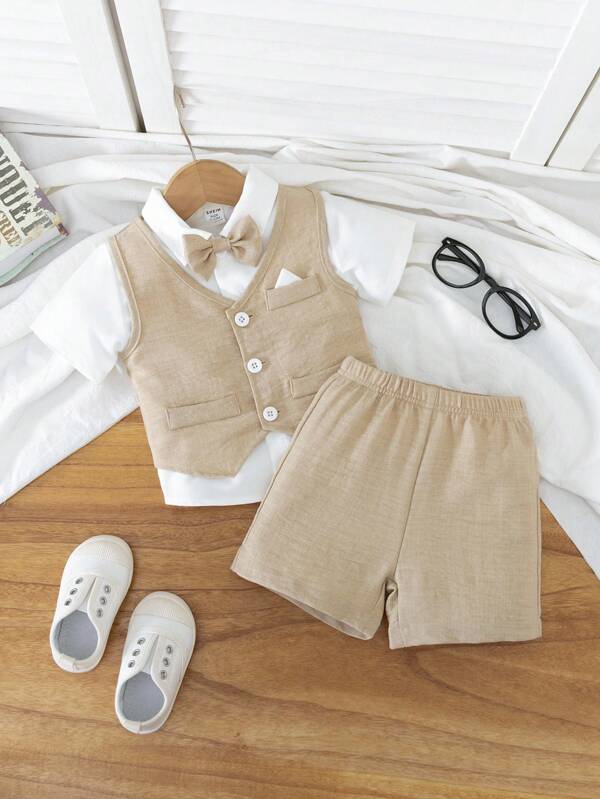 SHEIN 3 piezas Conjunto de chaleco, pantalones cortos y moño para bebé, conjunto de primera Día de la Madre, chaleco con cuello en V de moda, nuevo conjunto de vestido de verano, top de chaleco con cuello en V con decoración de bolsillo falso, moño plegable, pantalones de cintura elástica, adecuado para cumpleaños, fiesta, boda, vuelta al colegio