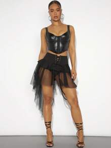 Hauture 性感系带荷叶边撞色网眼高低下摆短裙 - 黑色 - 查看 5