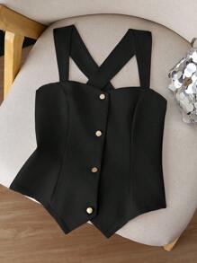 Franclia 大码女式优雅无袖法式通勤吊带背心 - 黑色 - 查看 1