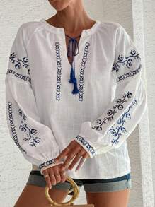 100%Cotton Linen Quality, Embroidery Detailed Balloon Sleeve Premium Quality Blouse - White - View 3