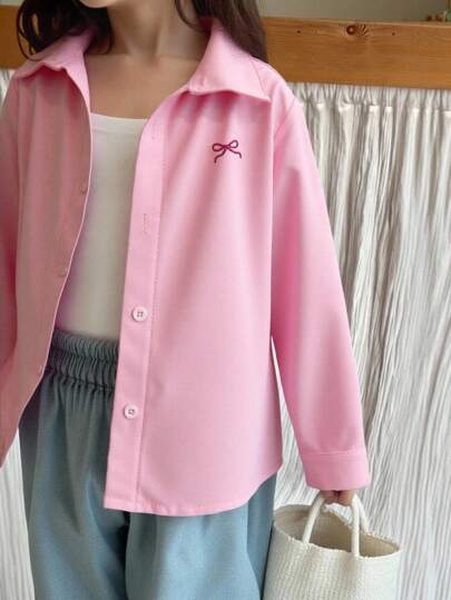 Young Girl Long Sleeve Shirt, Comfortable Fitted, Cute Daily Shirt With Embroidery & Bow Decor, Matching Sister