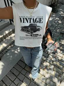 SHEIN Essnce 女士休闲圆领无袖短款背心，复古汽车印花，适合夏季 - 白色 - 查看 4