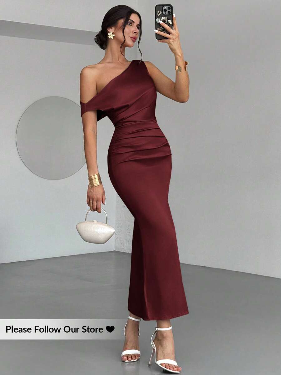 Firerie Women's Champagne Asymmetric Satin Mermaid Dress, Elegant Evening Gown For Formal Occasions, Suitable For Commute, Formal, Sexy, Romantic, Date, Wedding Season, Graduation, Performance, Concert Formal Dresses For Wedding Guest,Wedding Guest Dress - Burgundy - View 1