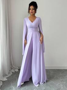 Rafferiza 紫色时尚简约优雅 V 领褶皱网眼灯笼袖女式春夏连体裤，搭配同色飘逸网眼装饰设计新颖女士连体裤 - 淡紫色 - 查看 4