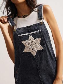 Bohemela 女士休闲纯色宽松连体裤女士工装裤牛仔工装裤背带裤女士阔腿工装裤 - 黑色 - 查看 2