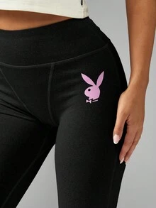 Missguided x Playboy Hochtaillierte Kompressionsleggings mit feuchtigkeitsableitender und atmungsaktiver Leistung, Yoga-Lauf-Trainingstights mit Logo-Muster - Schwarz - Übersicht 6