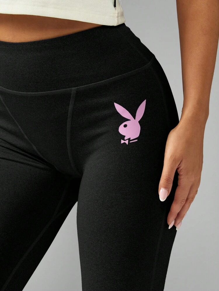 Missguided x Playboy High Waist Compression Leggings Performance Moisture Wicking Breathable Yoga Running Exercise Tights With Logo Print