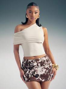 Denimoi Áo crop top cổ lệch một bên vai - Màu be - Xem 1