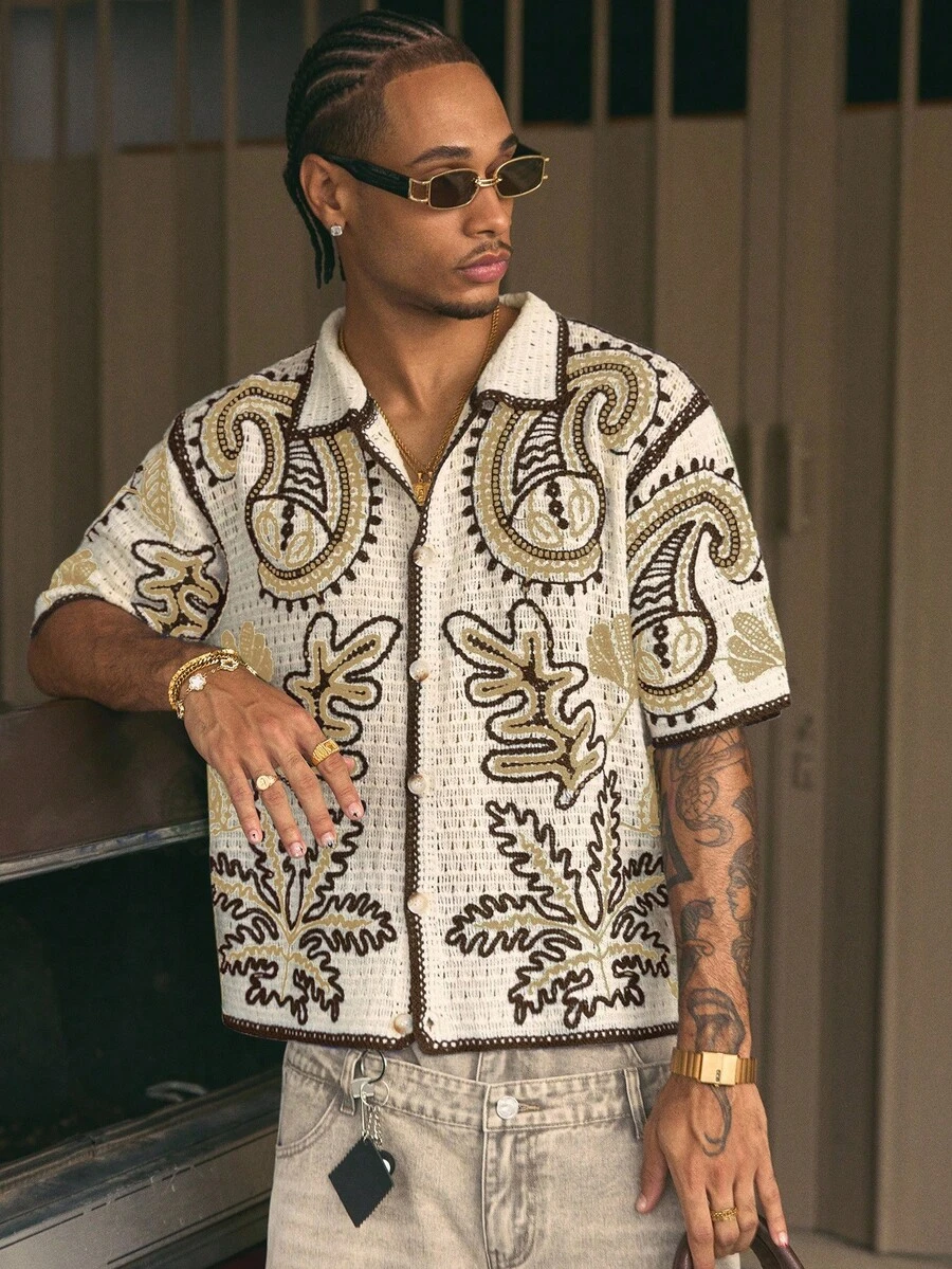 AXEPEAK 宽松腰果花图案男士短袖针织上衣 - 彩色 - 查看 1