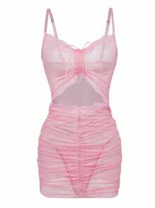 PetitDoll مجموعة فستان وسروال داخلي من الدانتيل المكرمل ذو تصميم ضيق أنيق، مع رباط للخروج - وردي - مشاهدة 1