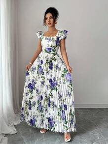 Selianne 女士印花方领荷叶袖褶裥下摆连衣裙，优雅度假之选