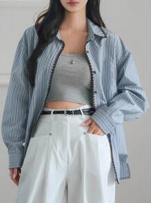 Dazy-Less Women's Loose Casual Striped Print Long Sleeve Button Up Blouse, Business Office Wear, Spring & Autumn,Fall Women - Blue - View 3