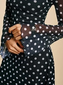 Easelle 时尚黑色圆点网眼喇叭袖女式连衣裙 - 黑色 - 查看 6