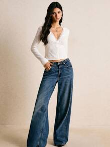 Poéselle Áo thun nữ dáng ôm, màu trơn, viền ren, chất liệu mềm mại, thanh lịch, thích hợp mặc mùa thu, mùa đông, phong cách công sở, cổ điển, sang trọng, phù hợp mùa thu và mùa đông. - Màu be - Xem 6