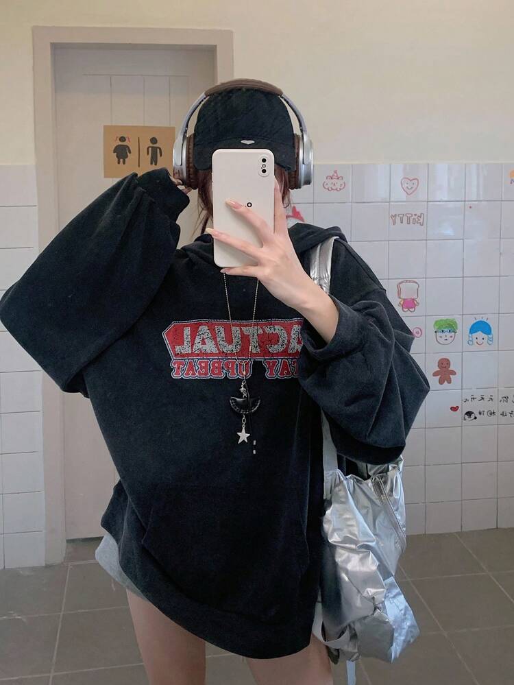 Women's Casual Hooded Street Art Print Loose Long Sweatshirt, Spring/Autumn Hoodies
