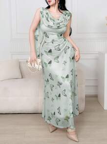 Feyla Women's Elegant Butterfly Print Dress - Green - View 3