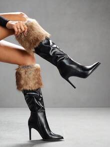 CUCCOO SZL 时尚欧美尖头细高跟石纹性感夜店女式过膝长靴 - 黑色 - 查看 2