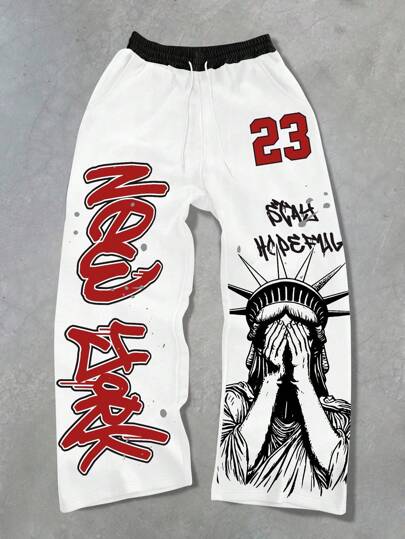 PAVTROS Manfinity Streetrush Men's Contrast Color Drawstring Waist Letter Graphic Pants, For Rave, For Back To School