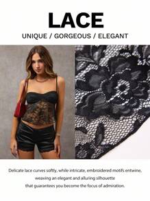 Avenya 夏季性感纯色蕾丝短款吊带背心 - 黑色 - 查看 3