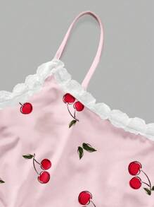 SHEIN Essnce Conjunto de 2 piezas de camiseta de tirantes de encaje con estampado de cerezas y shorts fruncidos, adecuado para el verano - Rosa - Ver 4