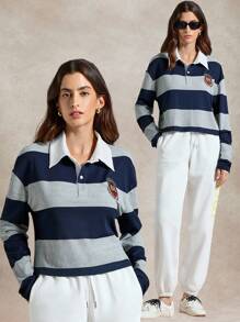 Briarwyn 女士休闲学院风撞色条纹上衣，秋季女装，返校季，复古风女式 POLO T 恤 - 灰色 - 查看 2