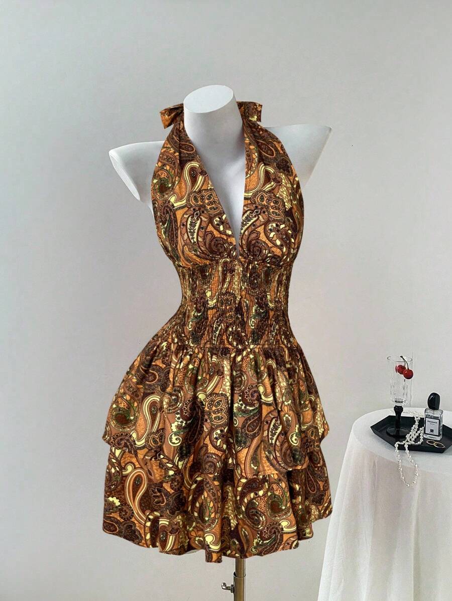 Elamini 性感V领无袖高腰碎花女士休闲度假连衣裙，春夏季 - 彩色 - 查看 1