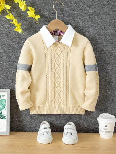 SHEIN Boys' Collegiate Style Cable Knit Sweater With Faux Shirt Collar, Striped Decor, Pullover Top For Autumn/Winter Fall