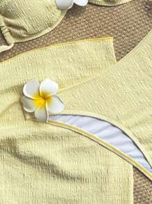 Zestiva 女士纹理面料花卉装饰露背系带性感甜美休闲奶油黄三件套比基尼，适合海滩度假 - 黃色 - 查看 5