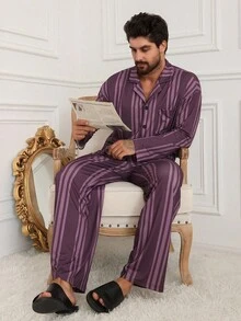 DAZY Conjunto de camisa a rayas multicolor y ropa de estar en casa para hombre, ropa de otoño y pijama - Multicolor - Ver 5