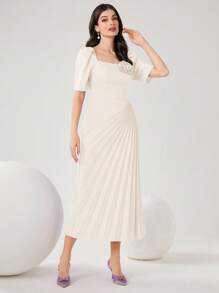 Modelyn 女士纯色简约日常连衣裙，褶皱设计和花卉装饰长款晚礼服 - 杏色 - 查看 6