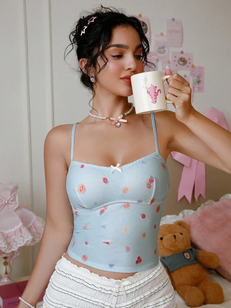 PetitDoll 女士休闲草莓印花蝴蝶结装饰吊带背心