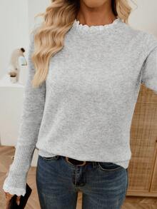 EMERY ROSE 全新秋冬焕新套头高领柔软蕾丝针织毛衣，百搭优雅，适合女士灰色毛衣女士毛衣蕾丝边毛衣浅灰色上衣立领毛衣 - 灰色 - 查看 8