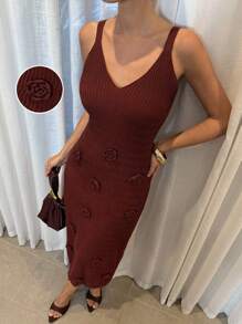 Lavishia Mocha Textured 3D Floral Knit V-Neck Slip Dress Fall Clothes For Women