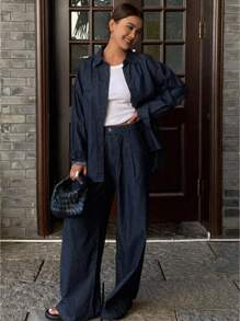 Livesso 女式两件套牛仔长袖衬衫配腰带和牛仔裤，秋季服装