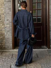 Livesso 女式两件套牛仔长袖衬衫配腰带和牛仔裤，秋季服装