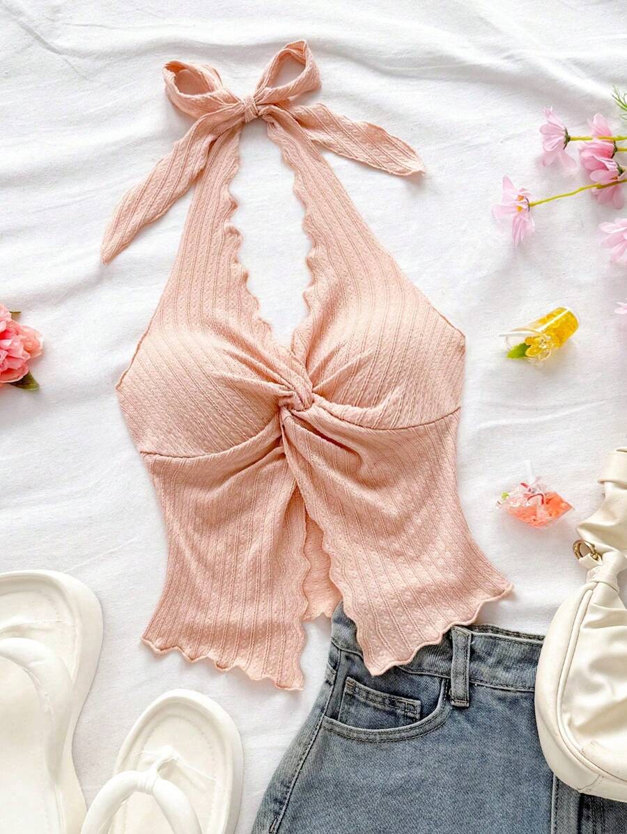 Soleia 时尚性感系带扭褶下摆开衩露背短款上衣