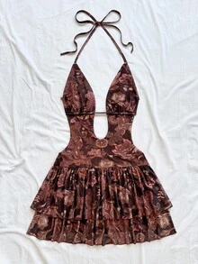 Soleia 女士度假棕色性感豹纹花卉印花深 V 领露背系带腰部荷叶边下摆迷你连衣裙，适合派对、婚礼、性感约会、下午茶、城市度假、音乐节、海滩度假、夏季服装，可作为沙滩裙在室内或室外穿着 - 鏽棕色 - 查看 6