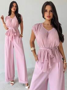 Firerie Women's Elegant Romantic Pleated Waist V-Neck Shirt And High Waist Long Pants 2 Pieces Suit Set, Fashion Commuting Daily Wear, Light Pink, Teacher Outfits For Women - Dusty Pink - View 2