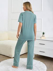 RueChic 女士绑带细节短袖长裤家居睡衣套装 - 藍色 - 查看 2