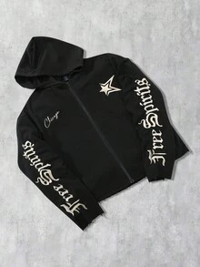 ROMWE MEN Goth 男士字母刺绣拉链连帽卫衣，街头美式风格设计，秋季 - 黑色 - 查看 4