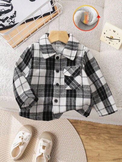 SHEIN 1pc Baby Boy Autumn/Winter Fashion Casual British Style Black & White Plaid Fleece Lined Long Sleeve Lapel Cardigan Jacket, Stylish & Versatile, Suitable For Outings And Outdoor Activities Baby Boy Plaid Shirt Baby Plaid Flannel Shirt Toddler Boy Button Up Shirt Checkered Baby Shirt Baby Boy Long Sleeve Plaid Shirt, Toddler Boy Winter Coat Baby Boy Winter Jacket Baby Boy Winter Coat Toddler Winter Coats Fall
