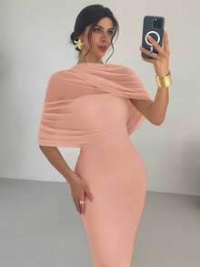 Firerie Váy ôm dáng xếp ly cổ bẻ màu vàng lãng mạn thanh lịch, eo không đối xứng, trang phục đi biển cho nữ, trang phục sân bay cho nữ, trang phục đi nghỉ, trang phục giáo viên cho nữ, váy mùa thu cho nữ - Hồng - Xem 5