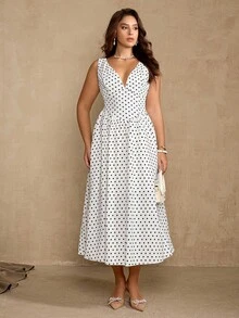 Flirla Polka Punkt Muster ärmelloses Lässig Kleid in Große Größen