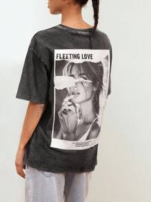 Maija 女士时尚黑色图案印花 T 恤，柔软舒适，宽松圆领落肩，现代都市时尚设计，背面采用大型数码印花装饰，适合俱乐部穿着，Y2K 风格 - 黑色 - 查看 6