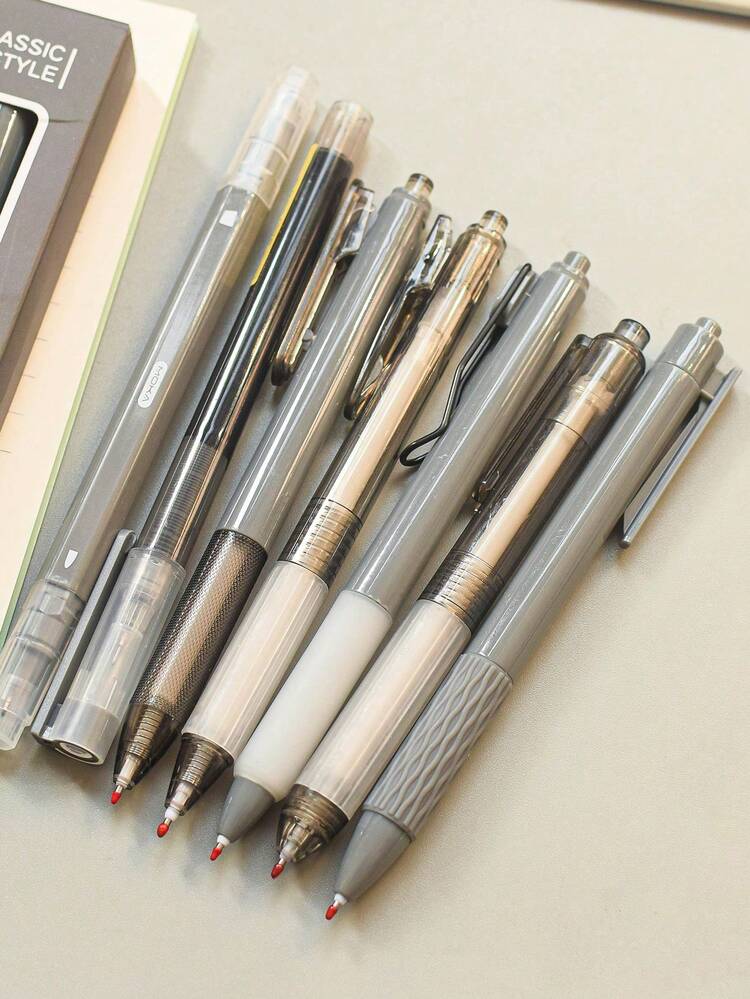 SHEIN 7支/套高显色度快干墨水按键笔，适用于日语练习，一盒装，重返校园 - 灰色 - 查看 2