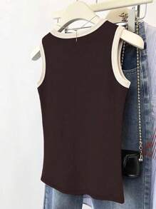 INAWLY Women's Plus Size Ribbed Crew Neck Casual Loose Fit Tank Top - Brown - View 2