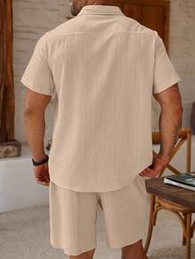 Manfinity Homme Costum casual pentru bărbați, mărime plus, culoare solidă, mânecă scurtă, cu un singur nasture, cămașă și pantaloni scurți - Kaki - Vizualizare 2